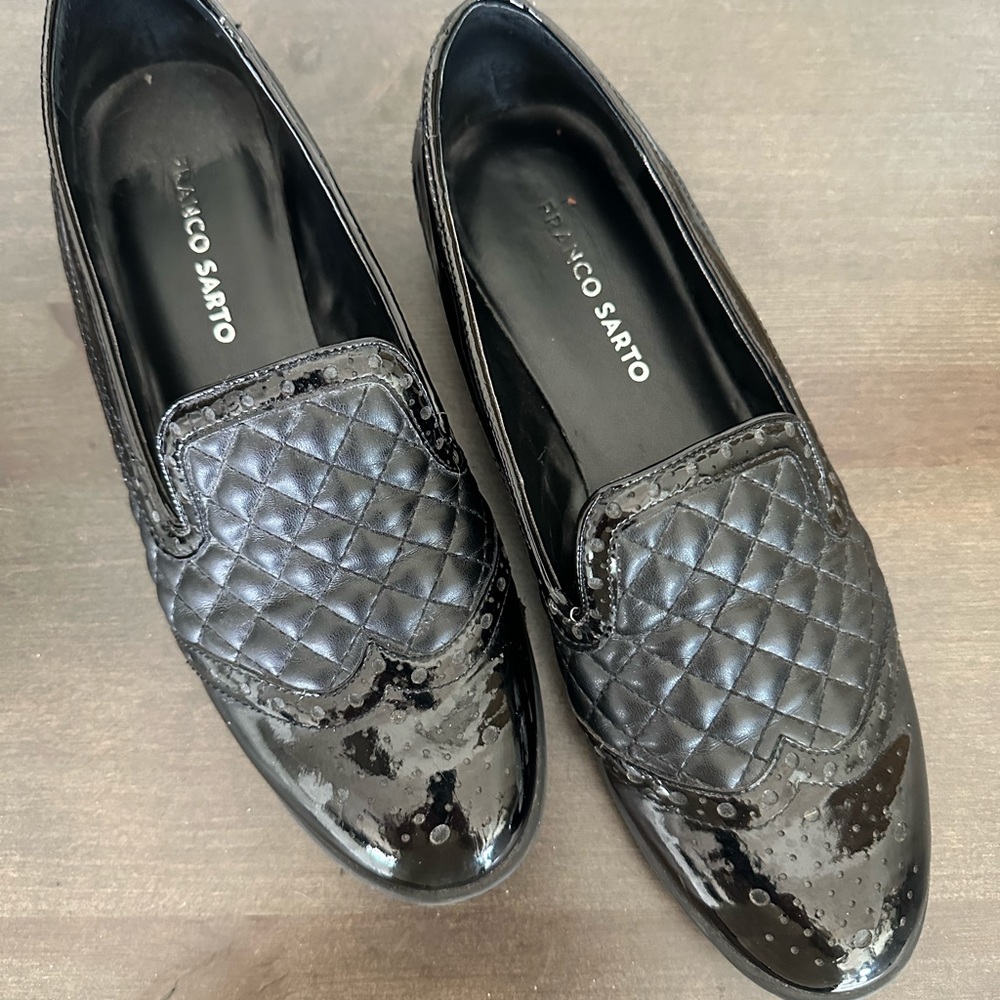 Franco Sarto Black Quilted and Patent Leather Wingtip Loafers Size 7.5